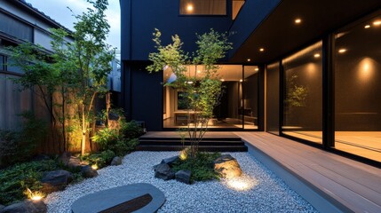 Aufkleber - Modern minimalist garden design with gravel, rocks, plants, and outdoor lighting at night.