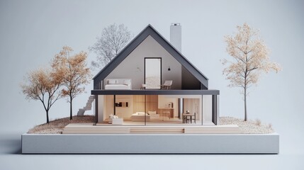 Aufkleber - Modern minimalist house cutaway architectural model showcasing interior design and landscaping.