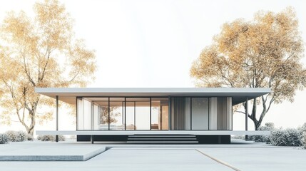 Aufkleber - Modern minimalist house with large windows, concrete exterior, and surrounding trees.