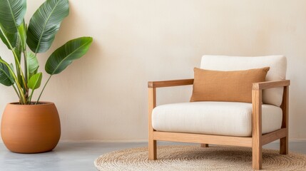 Poster - Cozy armchair with a decorative pillow next to a potted plant against a textured wall, creating a serene and stylish interior setting.