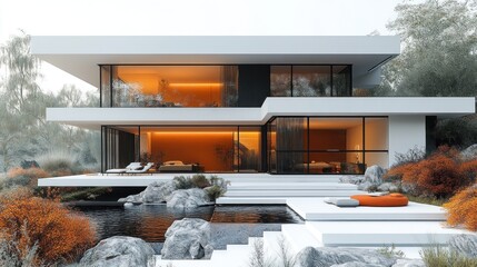 Aufkleber - Modern minimalist house with pool and autumnal landscaping.