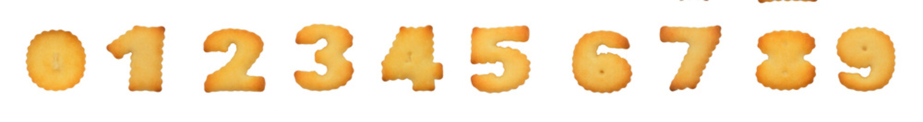 Leinwandbilder - A complete set of crispy numbers cookies arranged in rows on a white background. Ideal for educational materials, food-related designs, or creative typography projects.