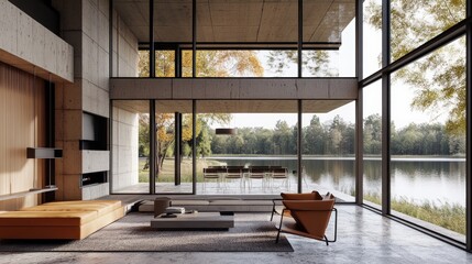 Aufkleber - Modern minimalist living room with lake view, concrete walls, large windows, wooden accents, and comfortable furniture.