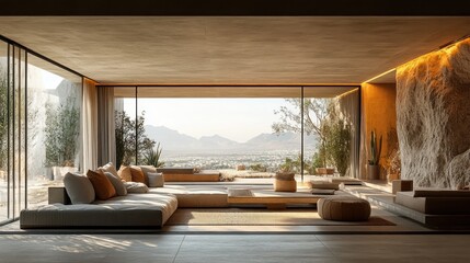 Poster - Modern minimalist living room with panoramic mountain views, featuring neutral tones, large windows, and comfortable seating.
