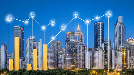 Poster - Financial growth visualization urban skyline infographic business district aerial view economic trends