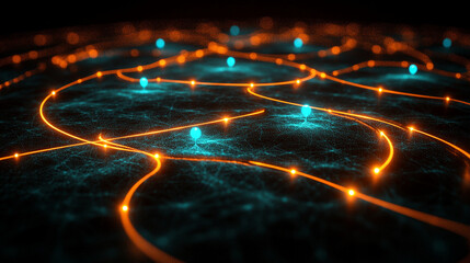 Poster - Dynamic orange and blue light patterns abstract digital art visualizing connectivity studio close-up view technology concept