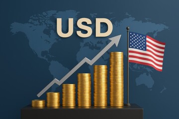 Poster - USD Growth: An upward trend visualized with a flag, coins, and a chart, illustrating the progress of American Dollars.