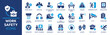 © Icons-Studio - Work safety icon set. Containing hard hat, risk management, first aid kit, ear protection, workplace security, CCTV, regulation, safety training, hazard and more. Solid vector icons collection.