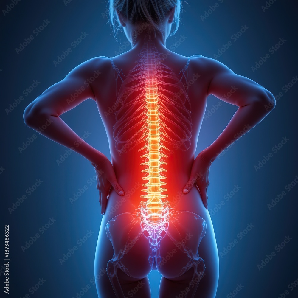 Human spine, x-ray view, glowing red spinal column, blue skeletal ...