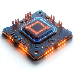 Leinwandbilder - Advanced Microchip with Glowing Core: The Future of Computing Technology and Integrated Circuits on a White Background.