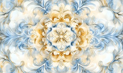 Wall Mural - Design an elegant and intricate hand-painted watercolor pattern with blue, brown, beige, and cream colors. Generative AI