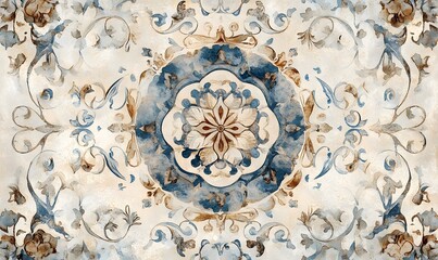 Wall Mural - Design an elegant and intricate hand-painted watercolor pattern with blue, brown, beige, and cream colors. Generative AI