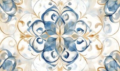Wall Mural - Design an elegant and intricate hand-painted watercolor pattern with blue, brown, beige, and cream colors. Generative AI