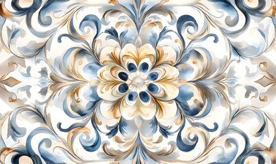 Wall Mural - Design an elegant and intricate hand-painted watercolor pattern with blue, brown, beige, and cream colors. Generative AI