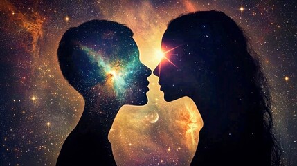 Wall Mural - Esoteric Universe: A Man and Woman Embracing in Silhouette