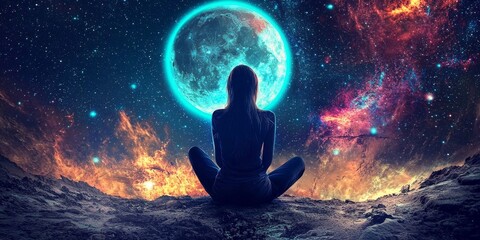 Wall Mural - Young woman seated on the earth gazes at the expansive night sky.