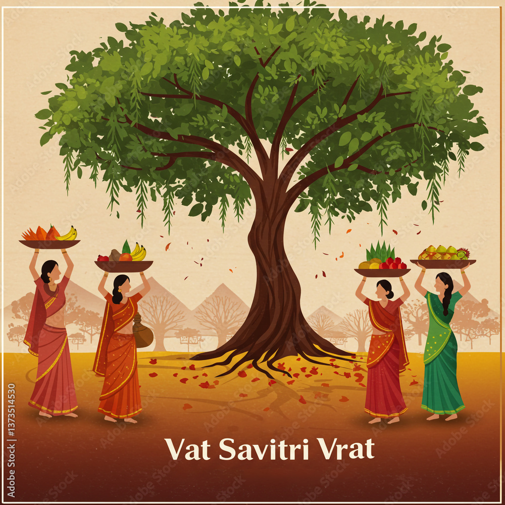 Indian Women Carrying Offerings to Banyan Tree for Vat Savitri Vrat ...