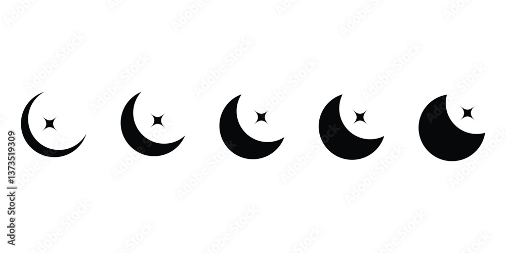 Moon Shape Star Different phases moon with star, black, flat icon collection. Perfect ...