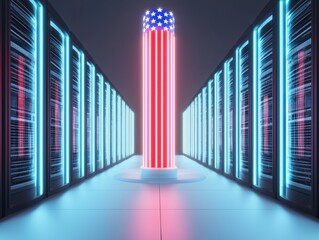 Aufkleber - Illuminated American Flag in Neon Technology Hub Digital Art Futuristic Environment Unique Perspective