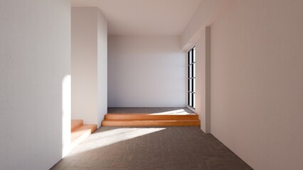 Poster - A minimalist interior features clean lines and smooth surfaces letting in ample natural light. Wooden steps lead to an open area with large windows, enhancing the serene atmosphere. 3d render