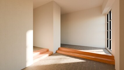 Poster - A spacious interior showcases clean lines and an open layout, with warm-colored steps leading into different areas. 3d render