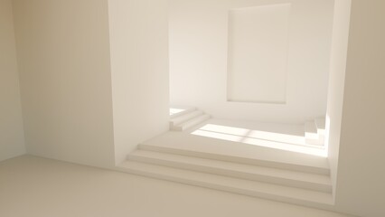 Poster - Sunlight streams into a minimalist interior with white walls and staircases, creating a bright and airy atmosphere. The simplicity emphasizes the elegance of the design. 3d render