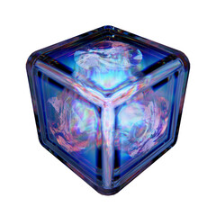 Fototapete - A transparent cube made of glass features swirling patterns and vibrant colors, reflecting light in artistic display. The reflective surface creates captivating visual effects in setting. 3d render