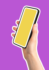 Poster - Phone in hand. Woman holding smart device with screen showing modern digital communication, social media, application, internet, and technology concept. Bright vivid background...