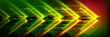 © klyaksun - Neon glowing green orange arrow shapes background - speed boost, growth direction concept. Futuristic digital abstract vector illustration with bright overlapping dynamic lines, technology style.