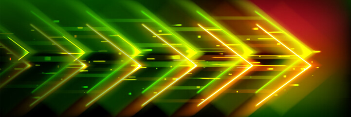 Poster - Neon glowing green orange arrow shapes background - speed boost, growth direction concept. Futuristic digital abstract vector illustration with bright overlapping dynamic lines, technology style.