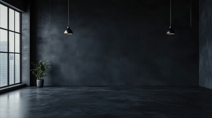Leinwandbilder - A bold, minimalist space with dark gray painted walls and a concrete floor, illuminated by soft light.