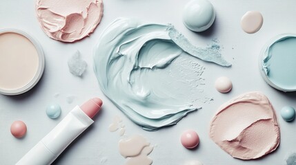 Aufkleber - A clean and modern composition featuring smears of beauty products, including moisturizer and eyeshadow, on grey.
