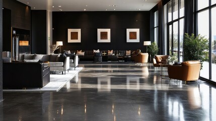 Aufkleber - A clean, black-walled interior with a sleek concrete floor, offering a neutral, contemporary design.