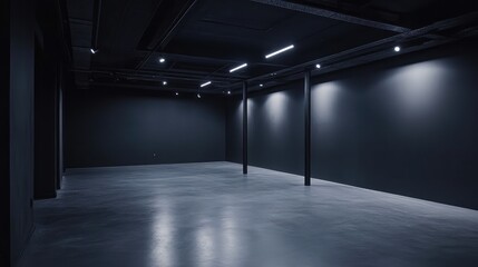 Aufkleber - A contemporary empty space with deep charcoal walls and a simple concrete floor, evoking modern elegance.