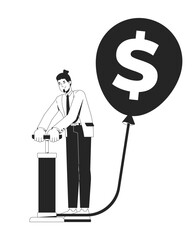 Poster - Financial bubble line illustration concept. Inflation. Currency devaluation. Business man pumping air into balloon with dollar sign outline 2D character isolated. Ink linear drawing vector art