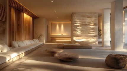 Leinwandbilder - A contemporary Zen space with soft lighting, neutral furnishings, and woven, wooden, and stone textures.