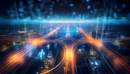 Aufkleber - A futuristic cityscape at night, showcasing illuminated highways and skyscrapers with a vibrant, digital aesthetic