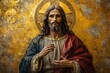 © Shrat - Portrait of jesus christ with golden halo and robe against a textured golden background art style