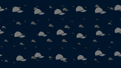 Poster - Baseball cap symbols float horizontally from left to right. Parallax fly effect. Floating symbols are located randomly. Seamless looped 4k animation on dark blue background