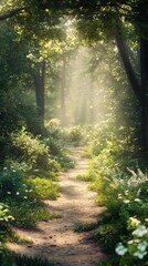 Poster - Explore the serene narrow hiking trail surrounded by lush green foliage and sunlight filtering through the trees