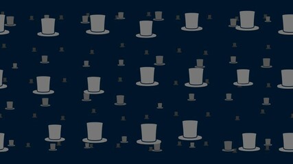 Poster - Top hat symbols float horizontally from left to right. Parallax fly effect. Floating symbols are located randomly. Seamless looped 4k animation on dark blue background