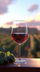 Poster - Close-up view of a red wine glass reflecting evening skies in a vineyard at sunset