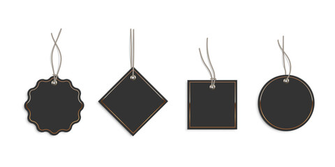 Poster - Black hanging tags with gold borders in various shapes. Blank labels mockups. Paper empty stickers for price, sales, gifts, presents. Realistic vector illustrations collection isolated on white.