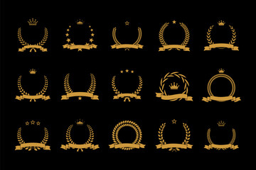 Wall Mural - gold award laurel wreath set vector illustration with ribbon, stars, crown and empty place for name 