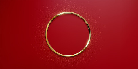 Poster - golden frame with glowing glitter light effect on red background. elegant award emblem with shiny go
