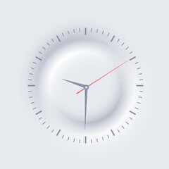 Fototapete - Minimal round wall clock with simple hour marks and modern design. Elegant analog clock in neomorphism style on light grey background. Vector illustration.