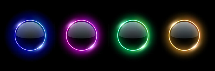 Poster - Color neon light round frames with glowing glass surface. Futuristic illuminated buttons. Abstract vector illustrations set for UI design, sci-fi elements, modern tech interfaces.