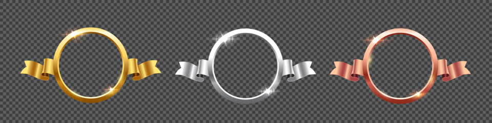 Poster - golden, silver, bronze rings with ribbon. 3d shiny circle frames. round luxury metal decorative awar