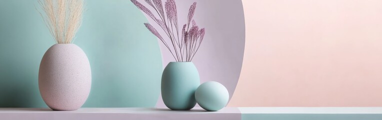 Poster - Elegant display of pastel vases with dried flowers on a smooth surface in a serene interior setting
