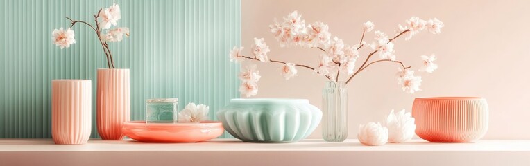 Poster - Elegant coral and mint shapes with floral accents create a serene atmosphere in modern decor